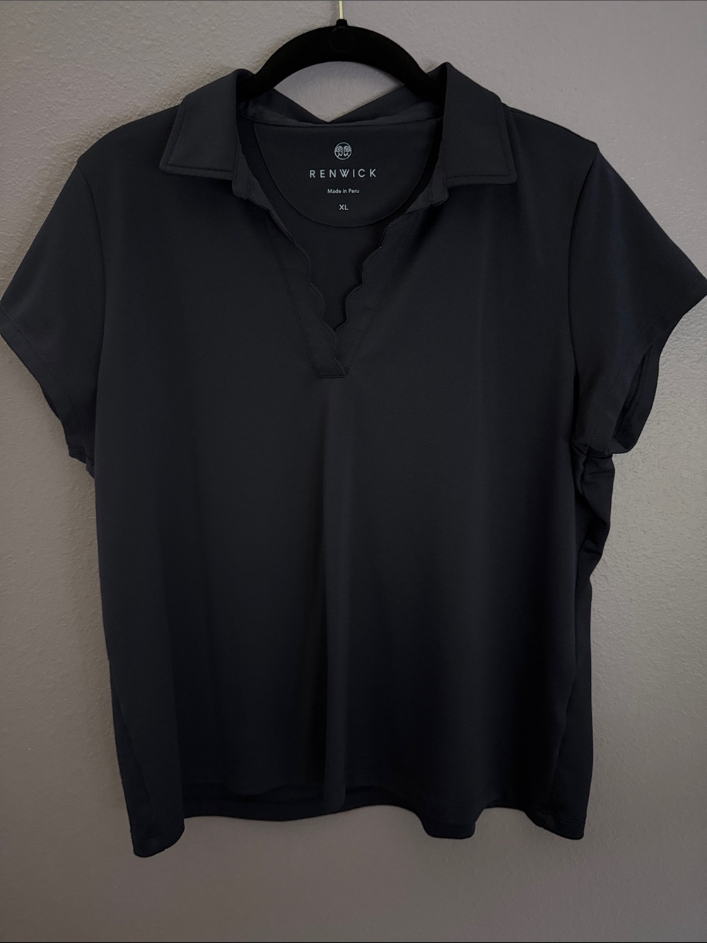 Renwick Navy Scalloped V-Neck Polo Tee, Size XL